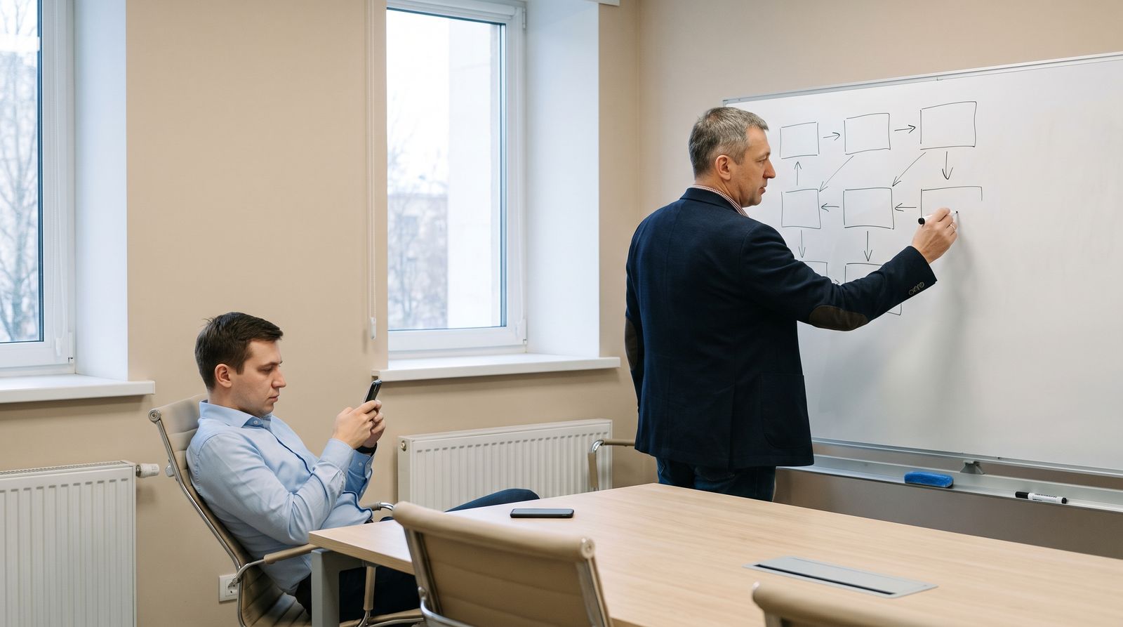 Руководитель сам рисует схему решения на доске, сотрудник сидит в телефоне