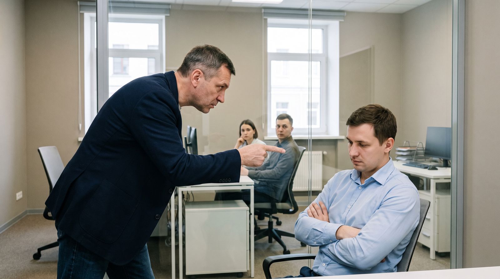 Руководитель нависает над сотрудником и тычет в него пальцем, коллеги за стеклом смотрят